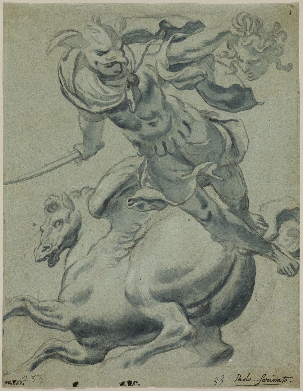 Perseus holder Medusas hoved med Pegasus i baggrunden af Paolo Farinati