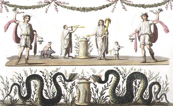 Kalkmalerier fra lararium i et privat hus i Pompeji, fra 