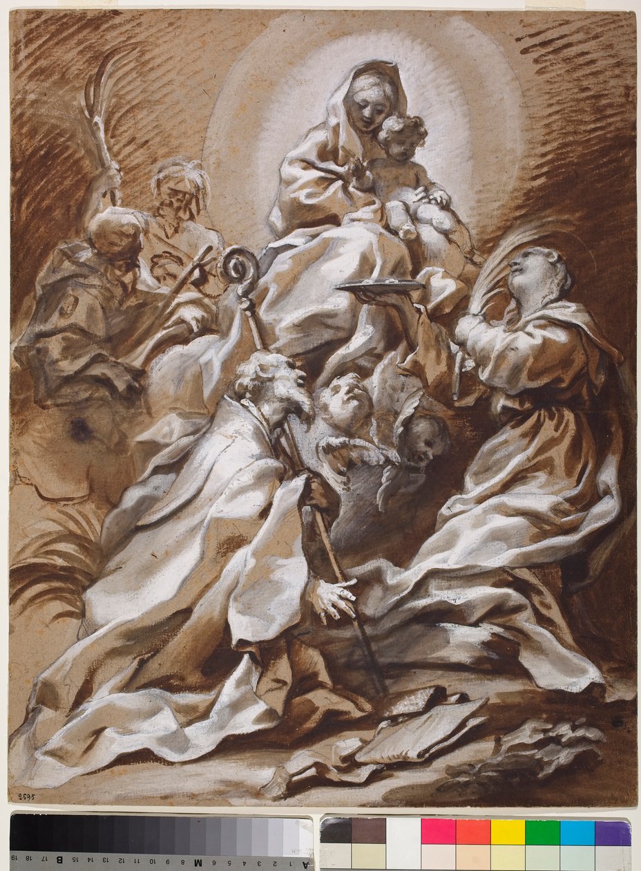 Jomfruen og barnet i herlighed med de hellige Fortunato, Nicholas, James og Christopher af Paolo Gerolamo Piola