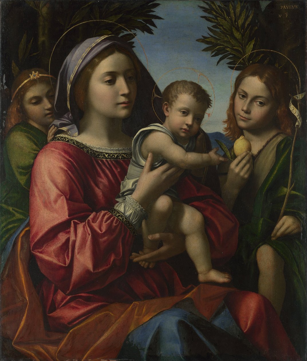 Jomfruen og barnet med døberen og en engel, ca. 1516 af Paolo Morando
