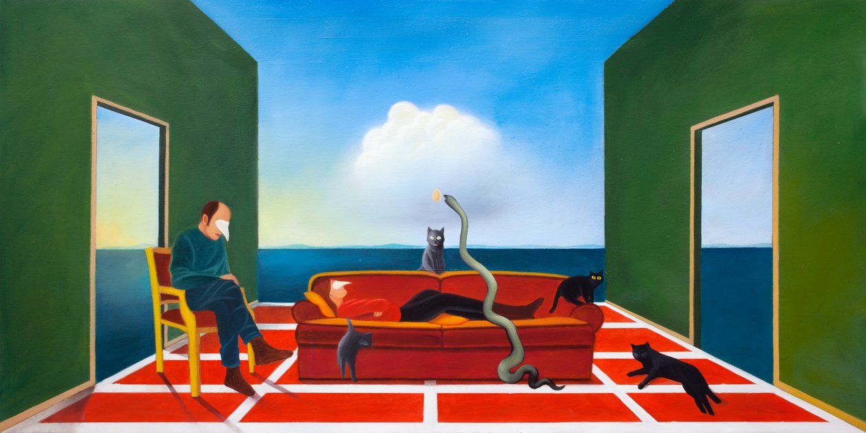 Terapien, 2021 (olie på træpanel) af Paolo Perfranceschi