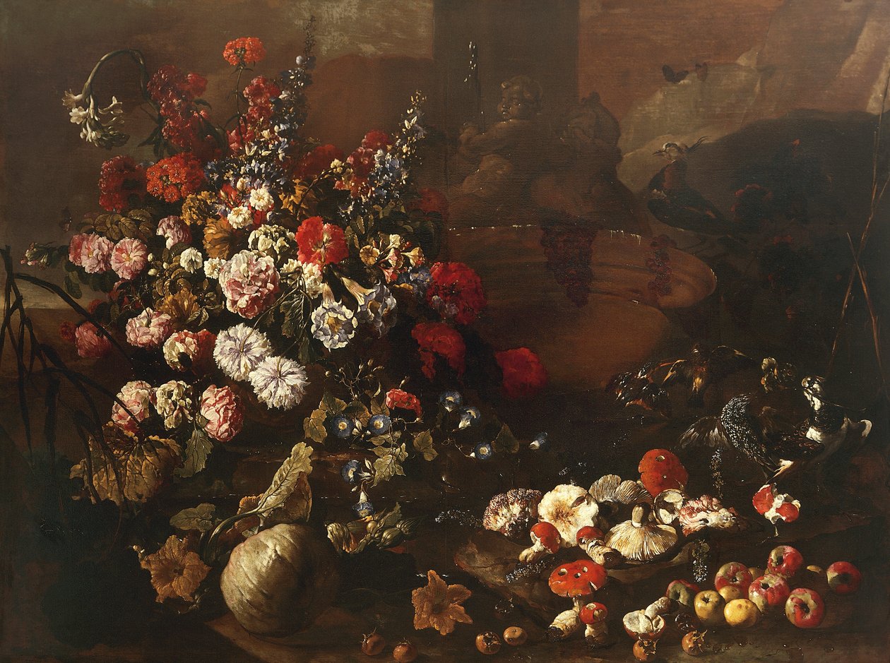 Stilleben med blomster, frugt, svampe og fugle (olie på lærred) af Paolo Porpora