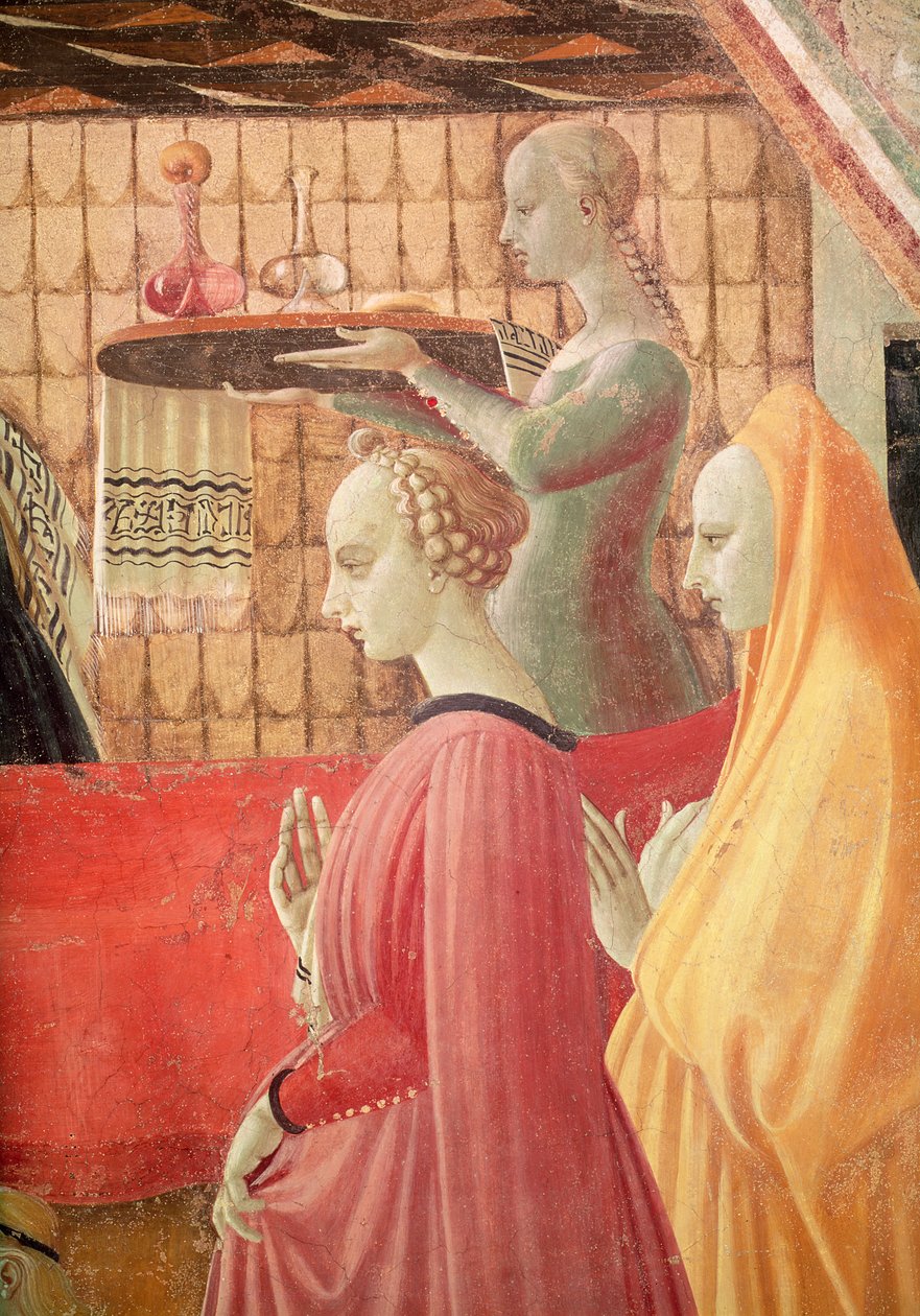 Jomfruens fødsel, detalje af en tjener og to tjenere, 1440 fresko, se også 85550 af Paolo Uccello