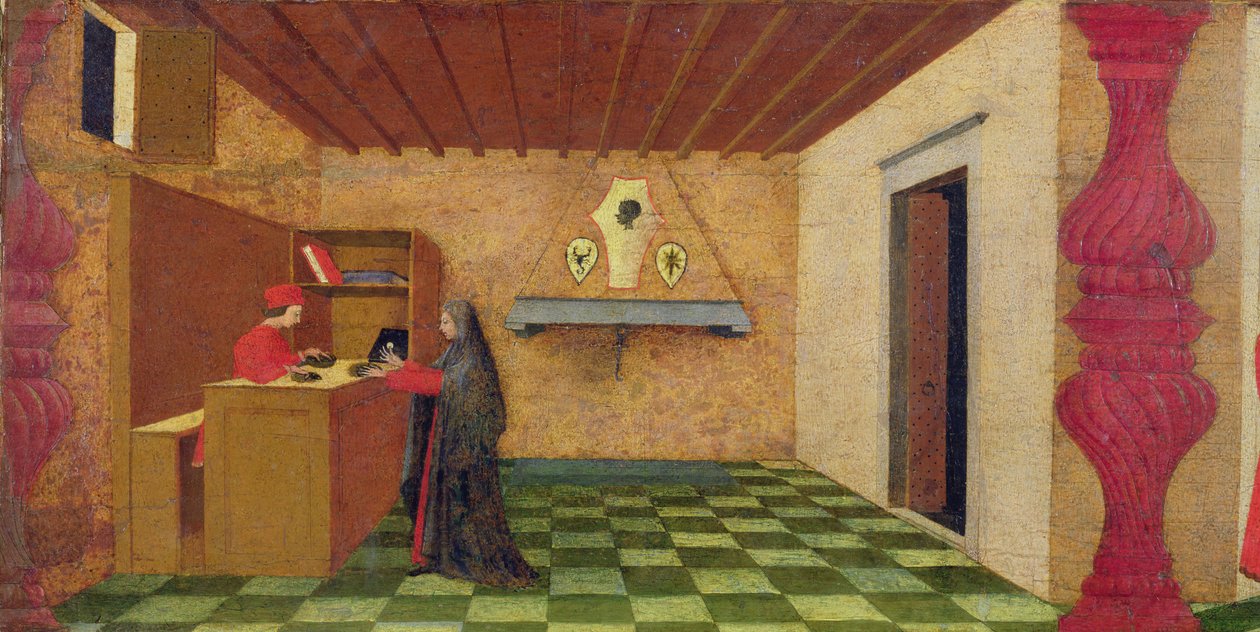 Predella af vanhelligelse af værten: Den kristne kvinde tvunget til at indløse sin kappe til prisen for den indviede vært af en jødisk pantelåner, ca. 1467-69 (tempera på panel) (detaljer) af Paolo Uccello