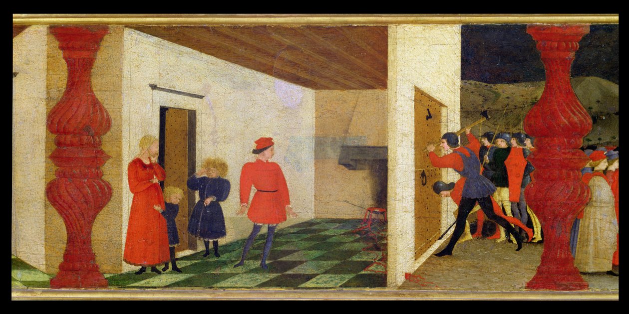 Predella fra værtens vanhelligelse: Den jødiske pantelåner steger den indviede vært i ilden, der strømmer med blod og vækker opmærksomheden hos fogederne, der slår ned ad døren, ca. 1468 (tempera på panel) (detaljer) af Paolo Uccello