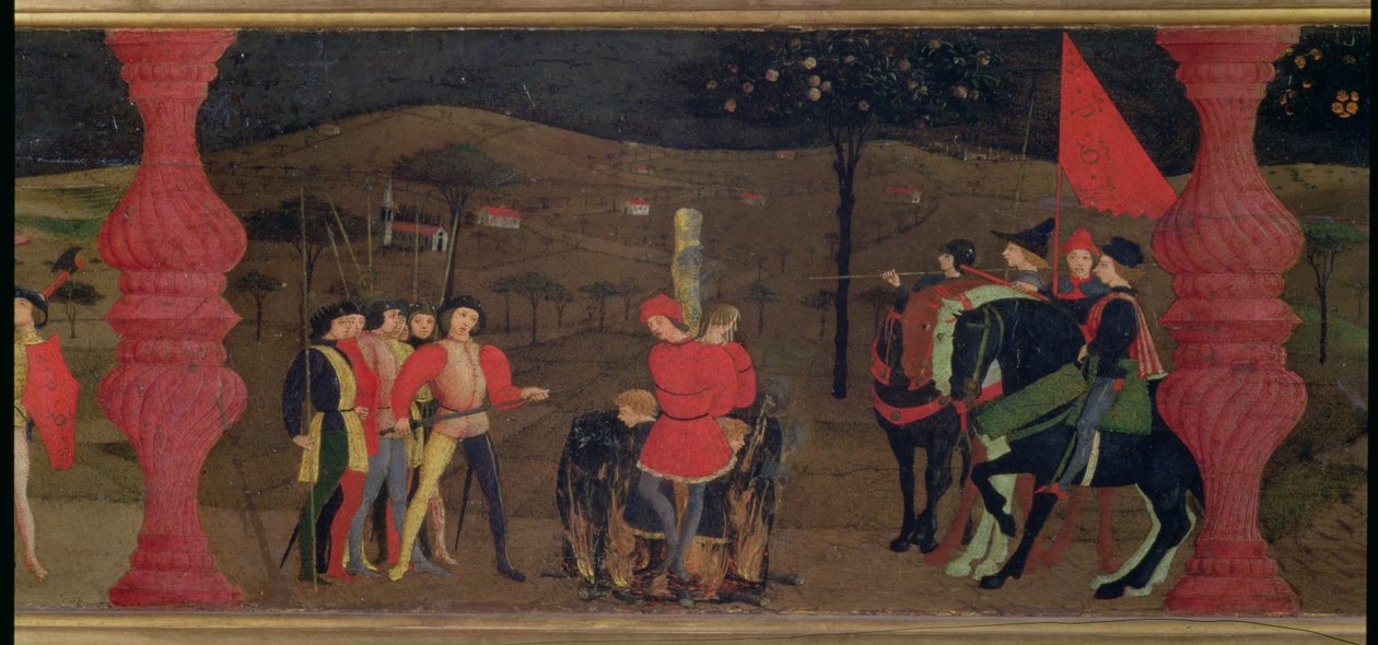 Predella fra værtens vanhelligelse: Den jødiske pantelåner og hans familie brændte på bålet for at stege den indviede vært, ca. 1468 (tempera på panel) (detaljer) af Paolo Uccello