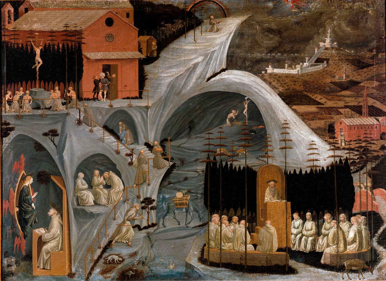 Scene med eremitisk liv eller Thebaide (Syriens ørken eller levede eneboeren fra Sankt Hieronymus): skildring af scener af munke og helgeners liv, til venstre forneden viser jomfruen sig for Sankt Bernhard af Clairvaux (San Bernardo di Chiaravalle) ), Sain af Paolo Uccello