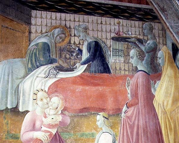 Jomfruens fødsel, detalje fra cyklusen Jomfruens og Sankt Stefans liv, fra Cappella dell "Assunta af Paolo Uccello