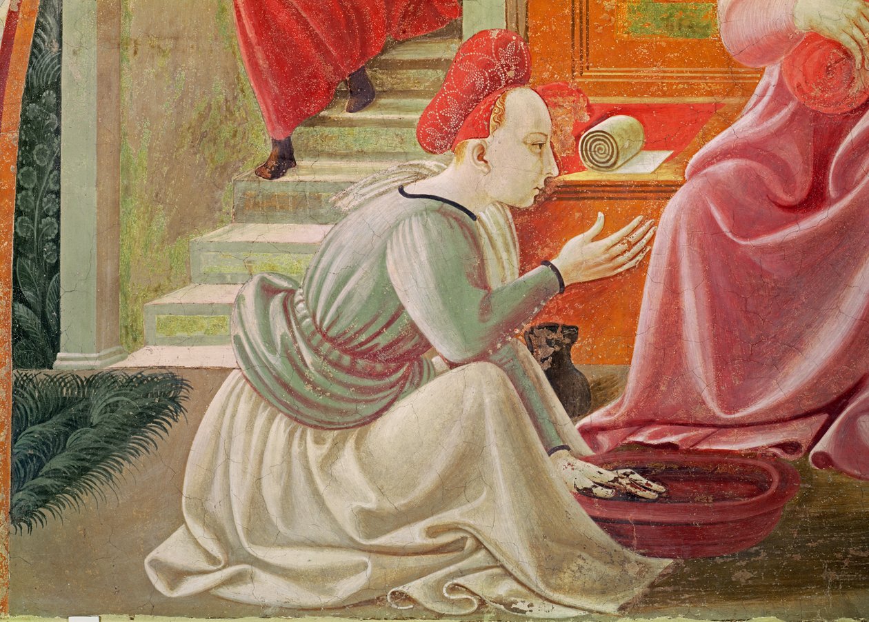 Jomfruens fødsel, detalje af en siddende tjenestepige, fra fresko-cyklussen af Jomfruens og Skt. Stephens liv fra Cappella dellAssunta-kapellet i Assumption 1433-34 fresco af Paolo Uccello