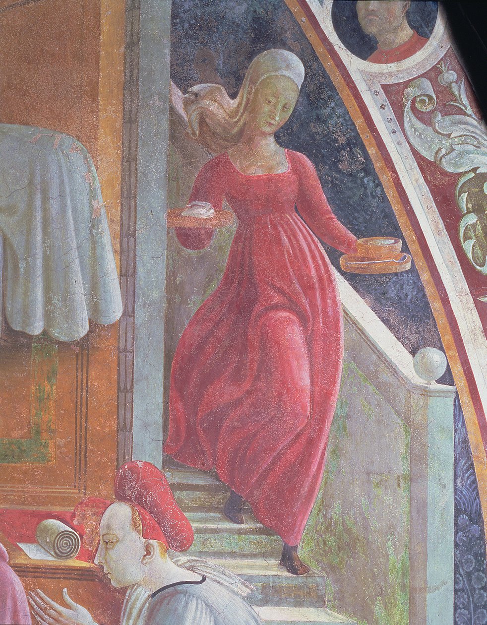Jomfruens fødsel, detalje af en tjenestepige fra fresko-cyklussen The Lives of the Virgin og St. Stephen, fra Cappella dell" Assunta af Paolo Uccello