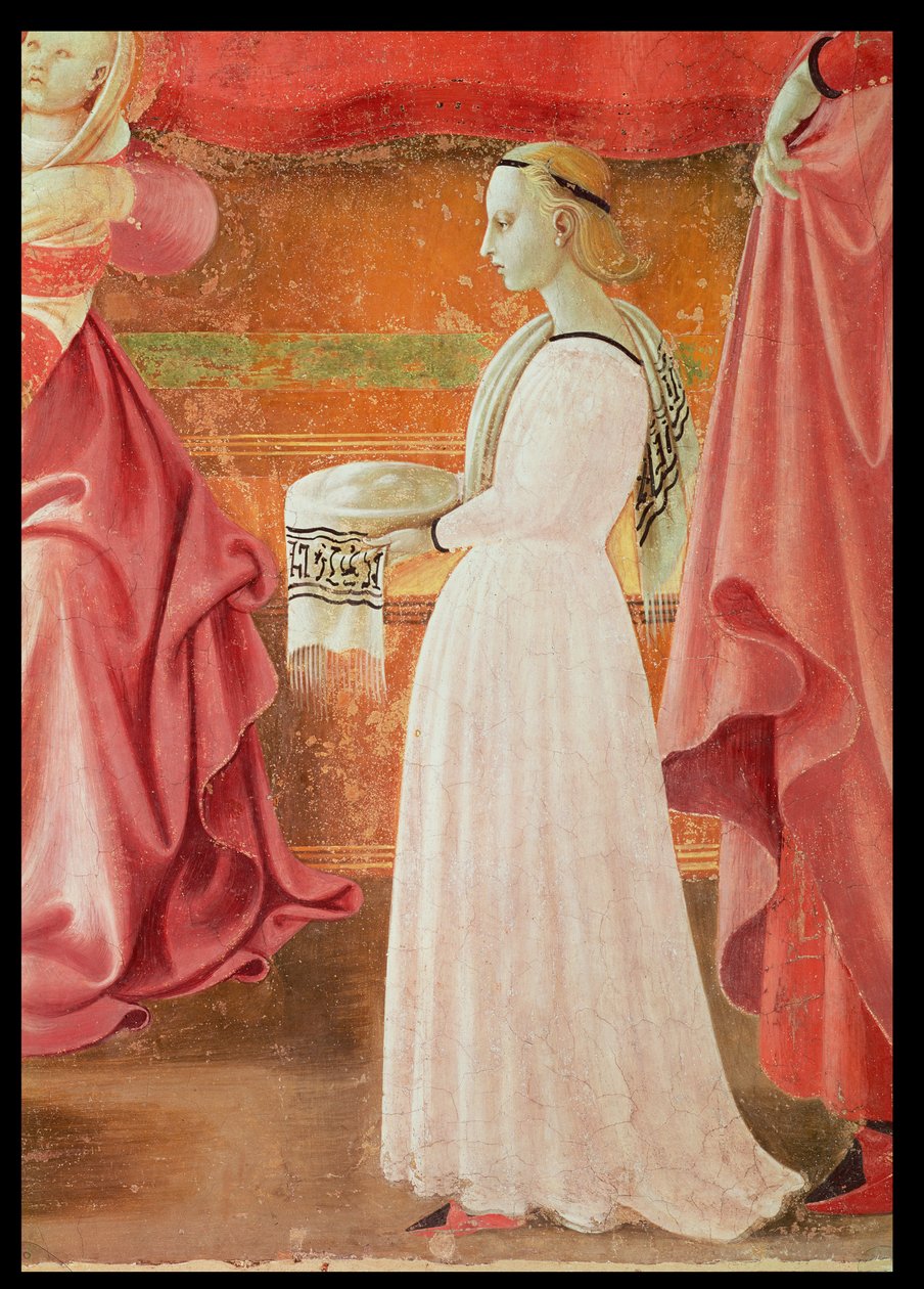 Jomfruens fødsel, detalje af en stående tjenestepige fra fresko-cyklussen af Jomfruens og Skt. Stephens liv, fra Cappella dellAssunta-kapellet i Assumption 1433-34 fresco af Paolo Uccello