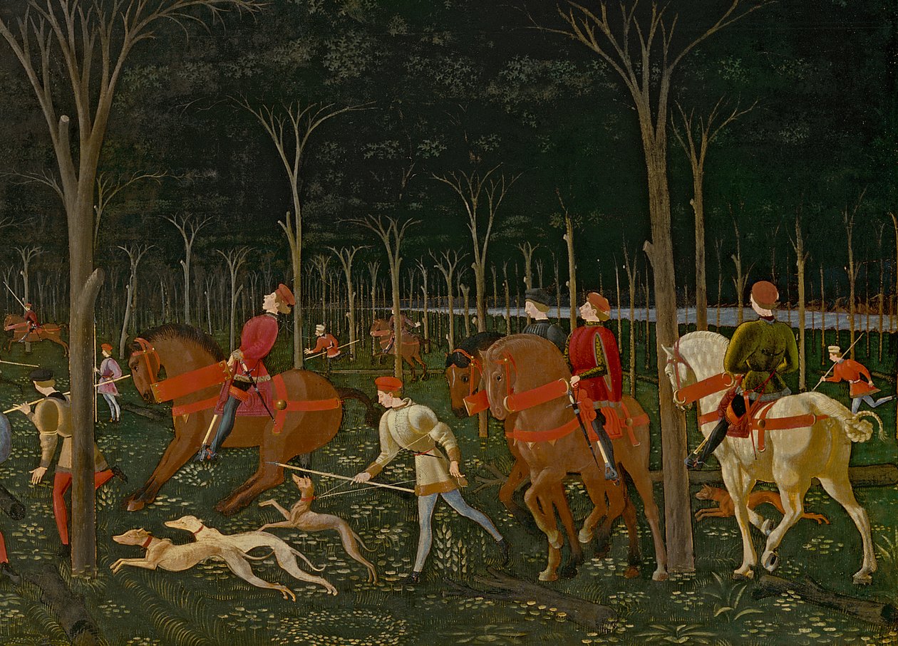 Jagten i skoven, ca.1465-70 olie på panel detalje af 100861 af Paolo Uccello
