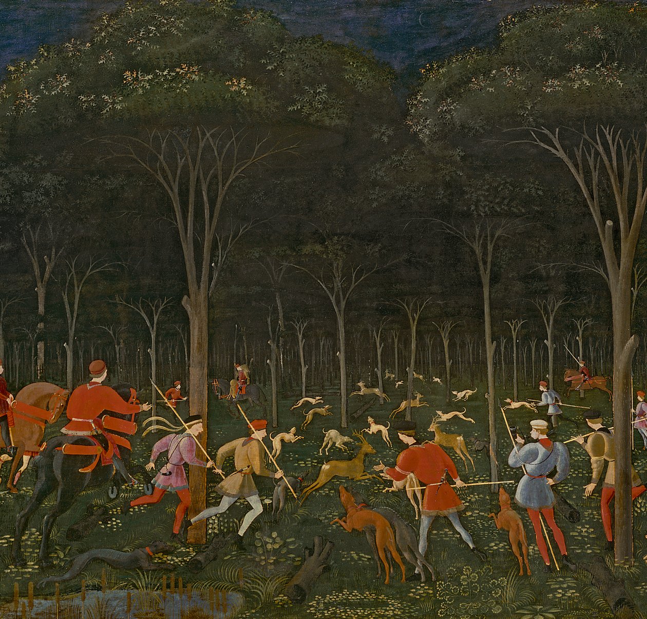 Jagten i skoven, ca.1465-70 olie på panel detalje af 100861 af Paolo Uccello