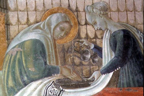 Jomfruens fødsel, detalje, der viser Skt. Anne, der vasker sine hænder, fra Assumptionskapellet, 1433-34 af Paolo Uccello