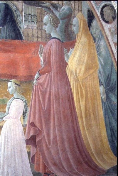 Jomfruens fødsel, detalje med Donorfamiliens kvinder, fra Kapellet for Himmelfart af Paolo Uccello