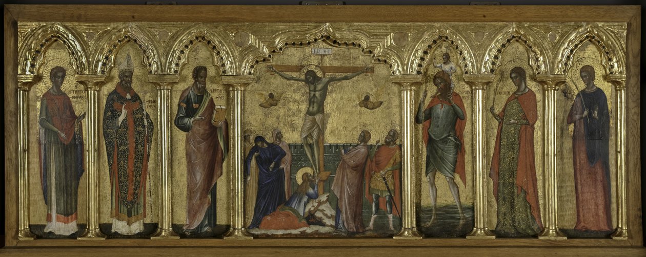 Sankt Stratonicus, Sankt Hermolaus, Sankt Matthæus, Sankt Cristopher, Sankt Thecla og Sankt Abundius, Polyptykon om korsfæstelsen med hellige af Paolo Veneziano