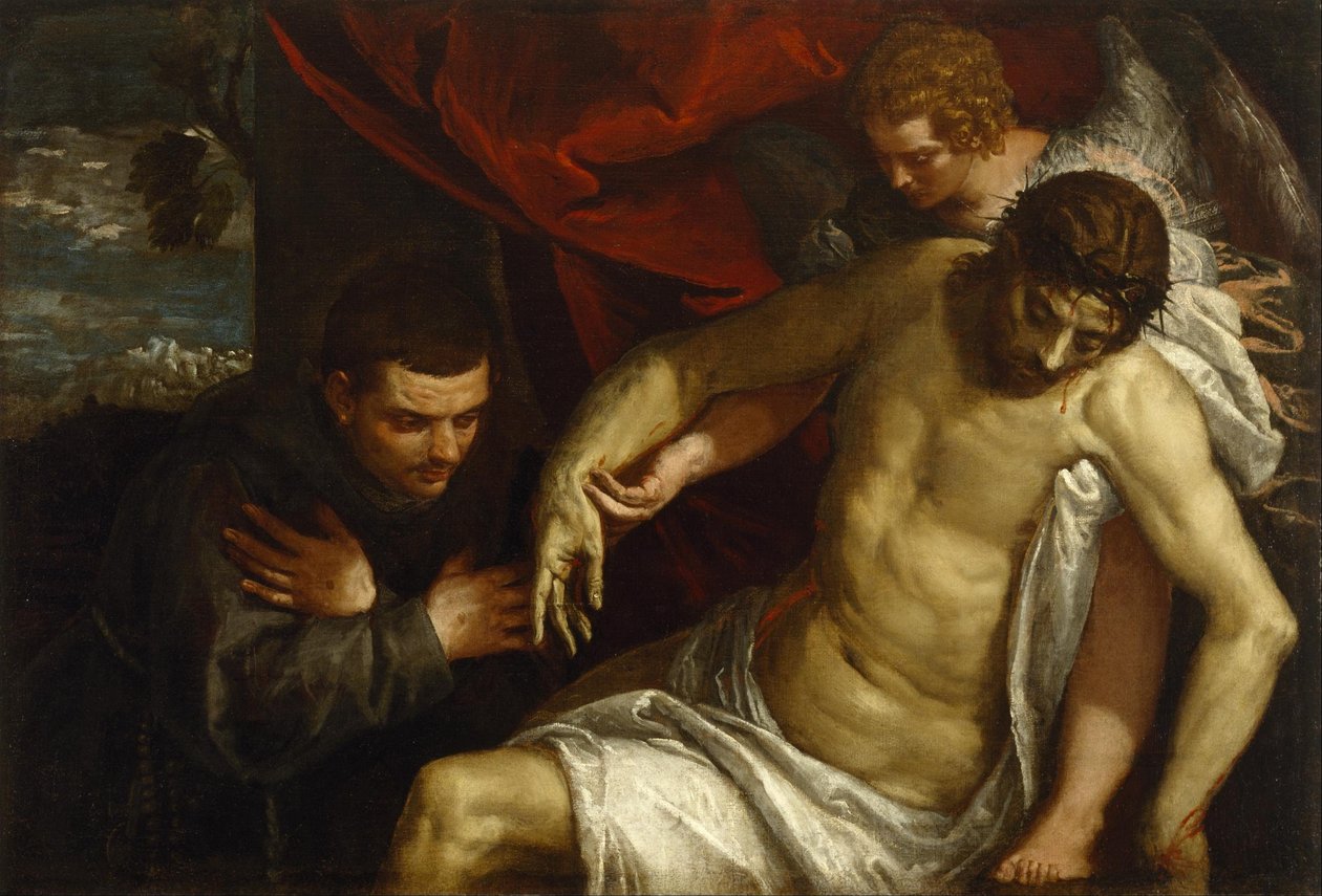 Den døde Kristus støttet af en engel og tilbedt af en franciskaner af Paolo Veronese
