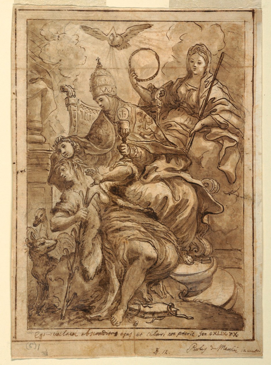 Tegning, Kirken triumferer over falskhed, ca. 1700 af Paolo de Mattheis