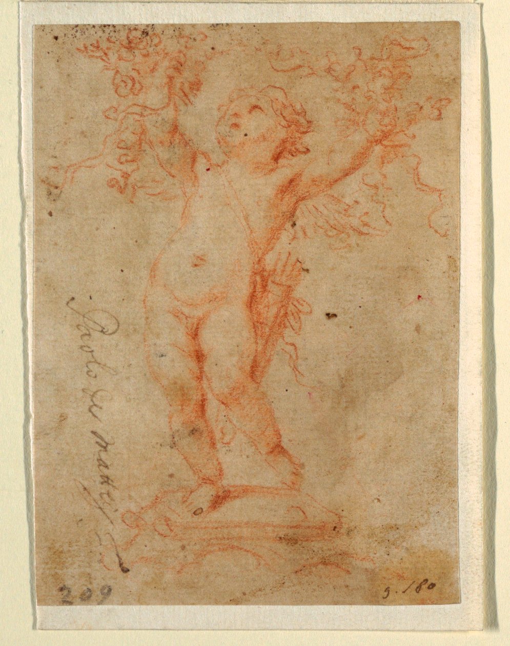 Tegning, Amor løfter blomsterklaser med begge arme, 1710-28 af Paolo de Mattheis