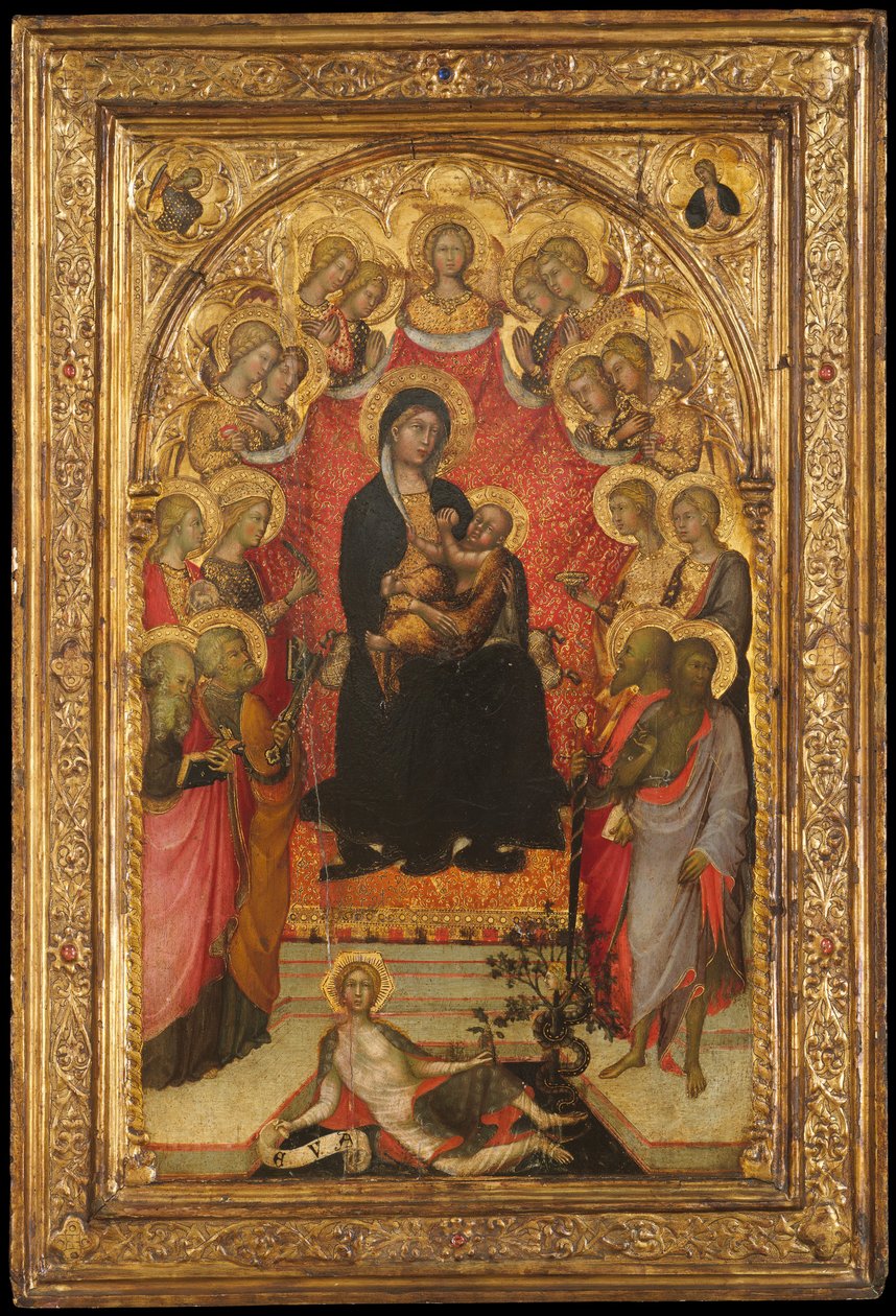 Madonna og barn på tronen med Johannes evangelisten, Sankt Peter, Sankt Agnes..., c1385-90. af Paolo di Giovanni Fei