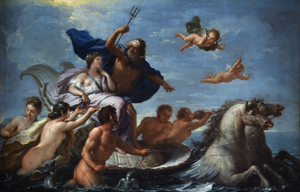 De Matteis, Paolo (1662-1728) Neptuns triumf og amfitrit Olie på lærred Barok Italien, Neapelskolen Villa Margherita, Bordighera 51x76 maleri af Paolo di Matteis