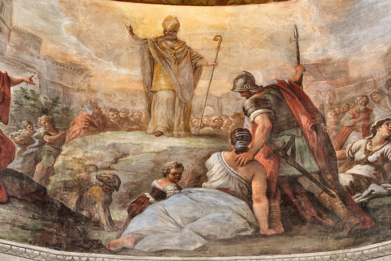 Fresker af Paolo de Matteis dateret 1714 på hvælvingen og på trommen, der skildrer helgenens liv, San Cataldo-kapellet i katedralen, Taranto, Italien (foto) af Paolo di Matteis