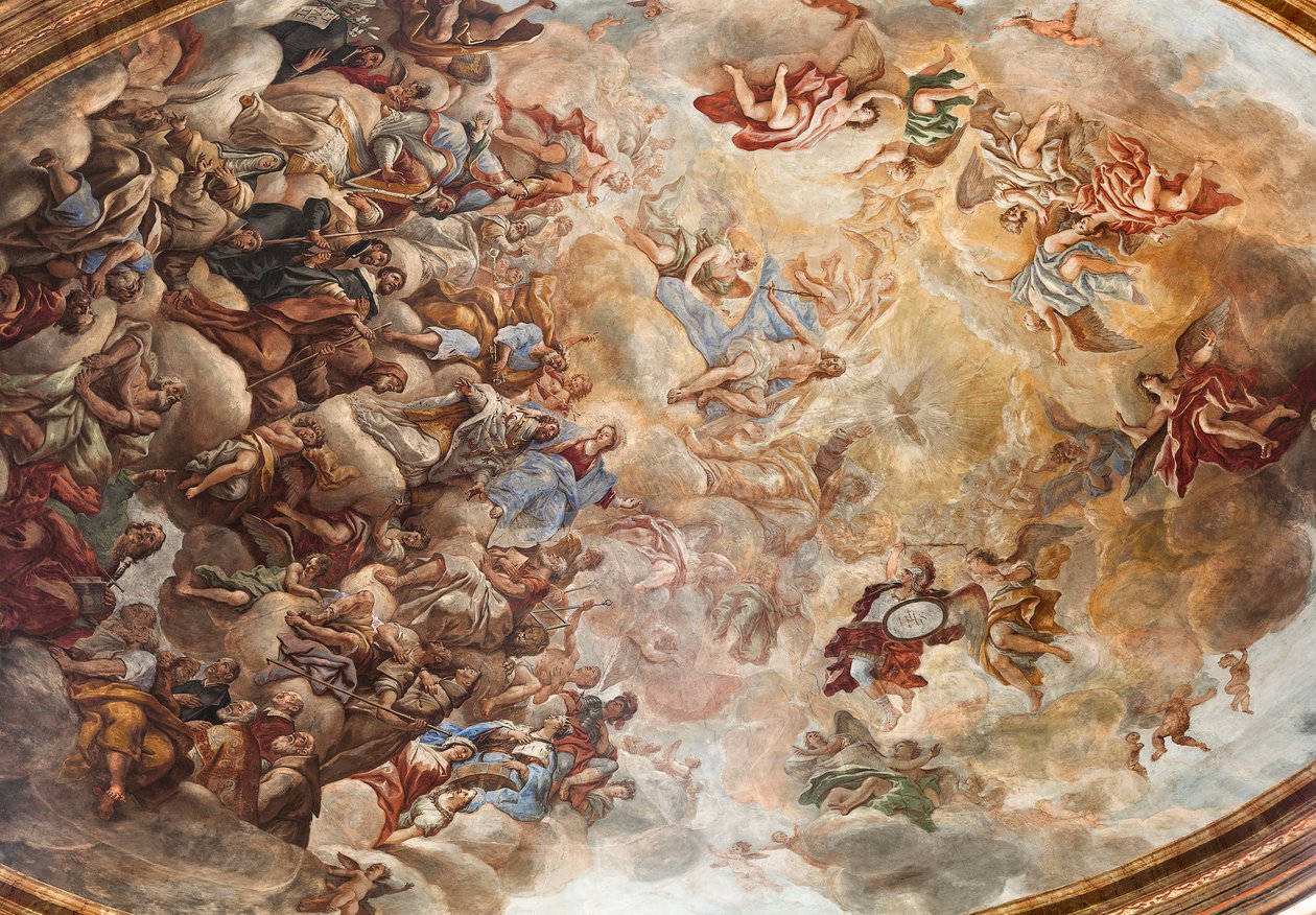 Fresker af Paolo de Matteis dateret 1714 på hvælvingen og på trommen, der skildrer helgenens liv, San Cataldo-kapellet i katedralen, Taranto, Italien (foto) af Paolo di Matteis
