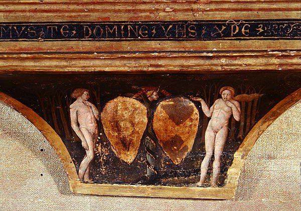Adam og Eva, fra ydmyghedens jomfru med engle og hellige, ca. 1440 (tempera med guld på panel) (detalje) af Paolo di Stefano Badaloni Schiavo