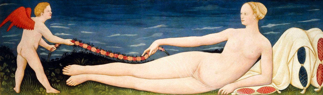 Venus på puder holder en blomsterkrans med en putto, af Paolo di Stefano Badaloni Schiavo