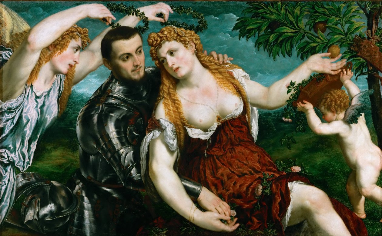 Allegory (Mars, Venus, Victoria og Amor) Venus, Mars og Amor kronet af Sejr af Paris Bordone
