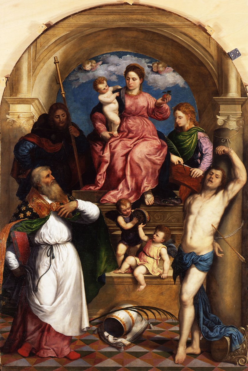 Enthroned Madonna med Child and Saints af Paris Bordone