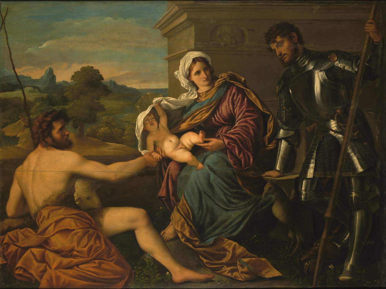 Madonna og barn med Saint John the Baptist og Saint George (hellig samtale) af Paris Bordone