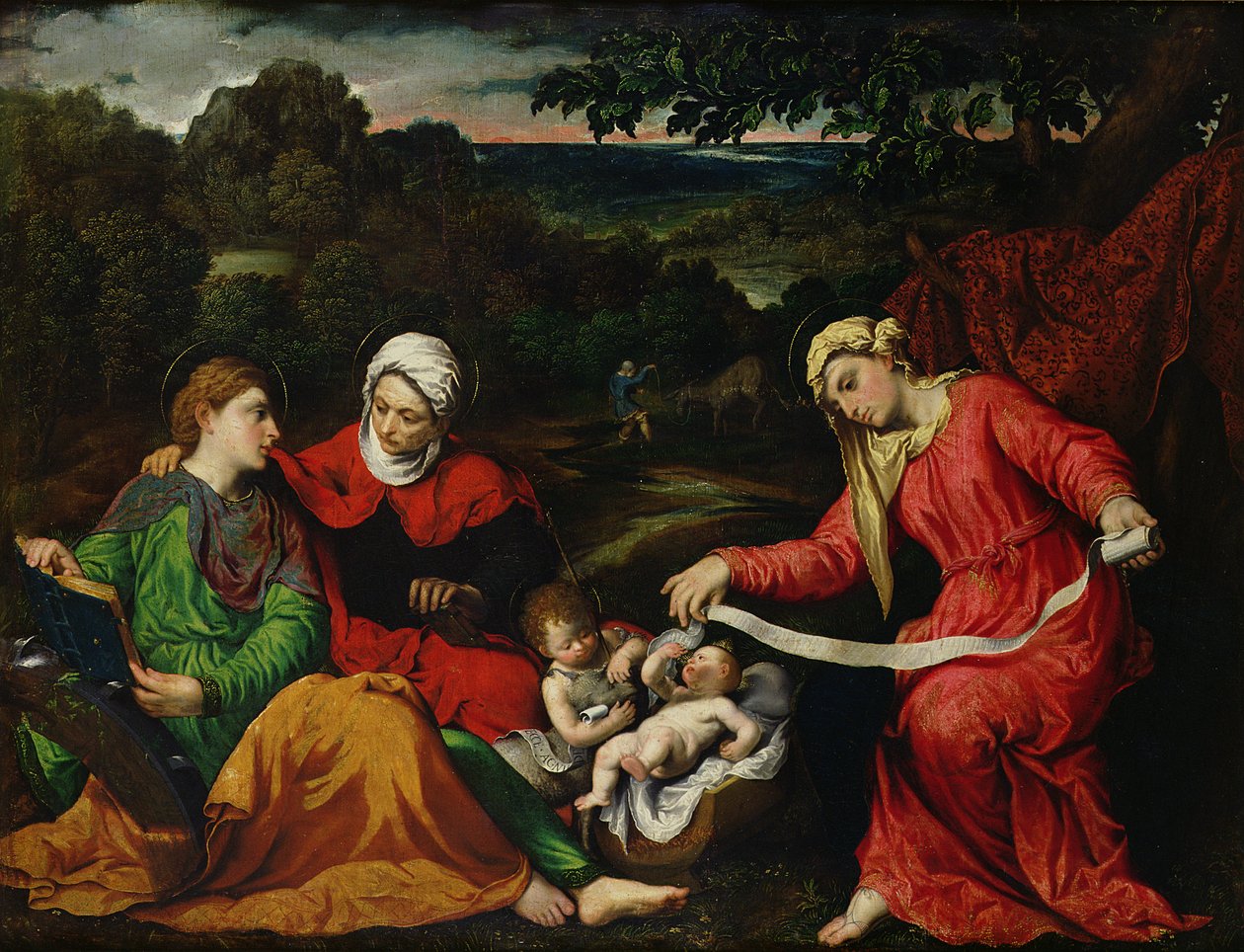 Hvil på flugten til Egypten med Johannes Døberen, Skt. Elizabeth og Skt. Catherine ca. 1545 af Paris Bordone