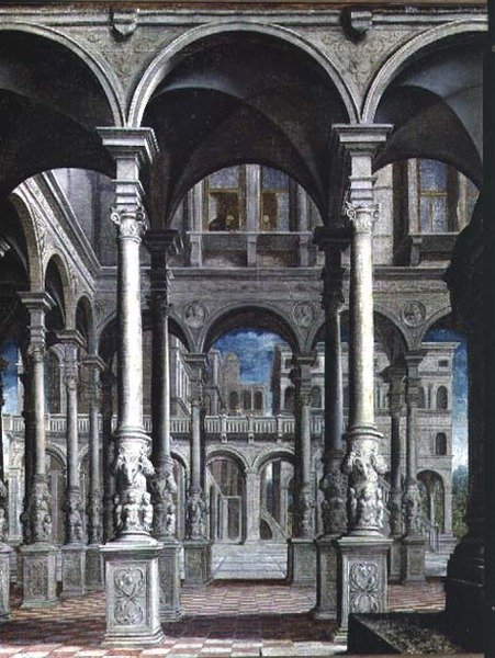 Bebudelsen, detaljer om arkitektur, 1545-50 (detalje af 89723) af Paris Bordone