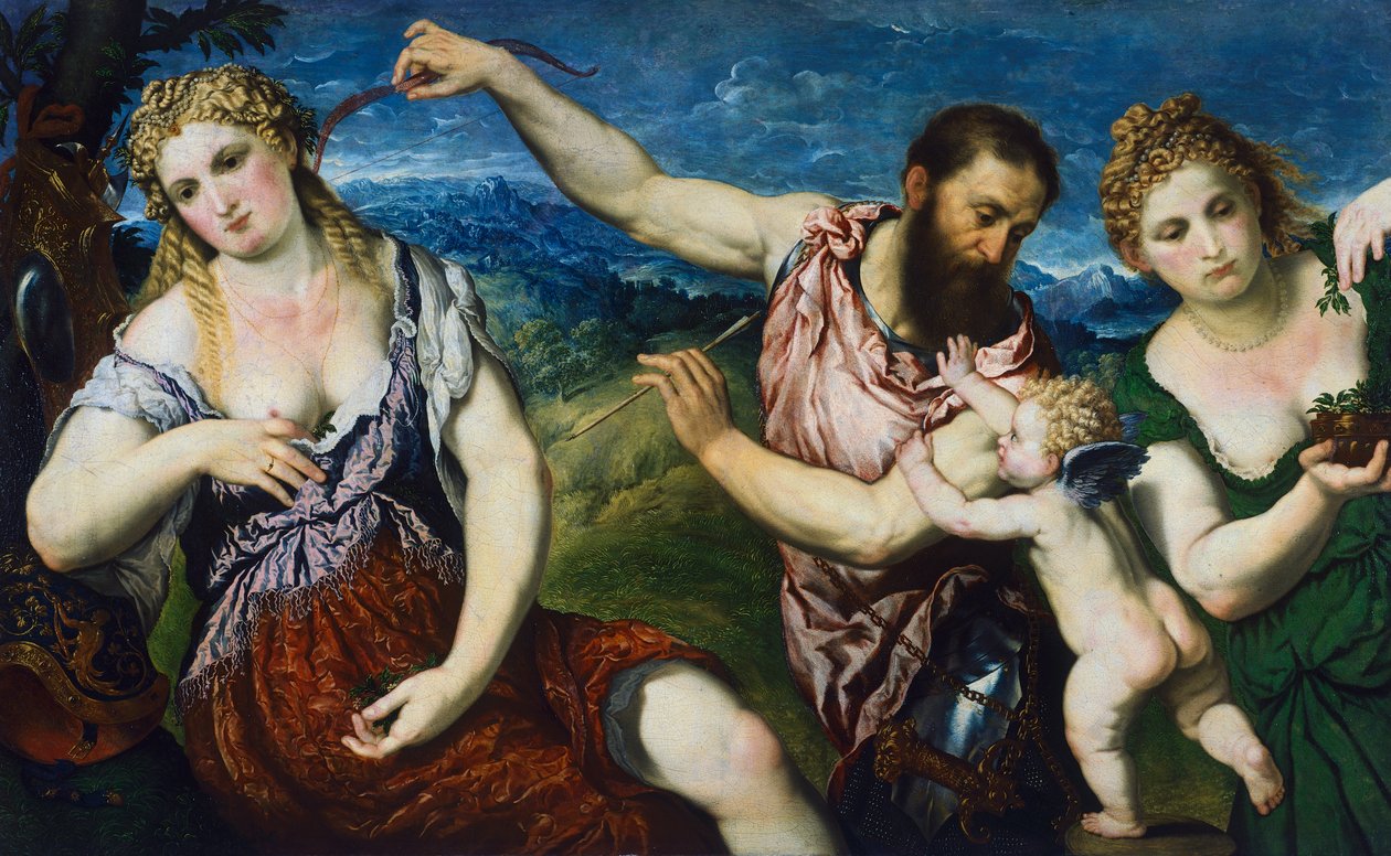 Allegori med Mars, Venus, Flora og Amor, ca. 1560 (olie på lærred) af Paris Bordone