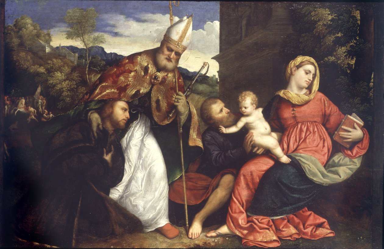Hellig familie med Skt. Ambrosius præsenterer en donor, ca. 1525 (olie på panel) af Paris Bordone