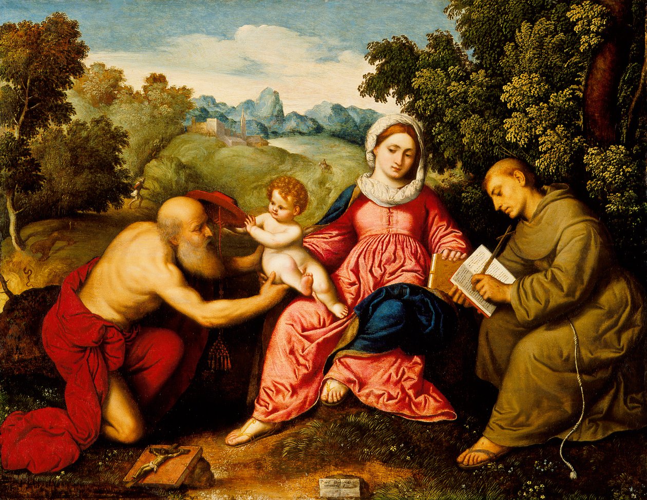 Madonna og barn med de hellige Hieronymus og Frans, ca. 1525 af Paris Bordone