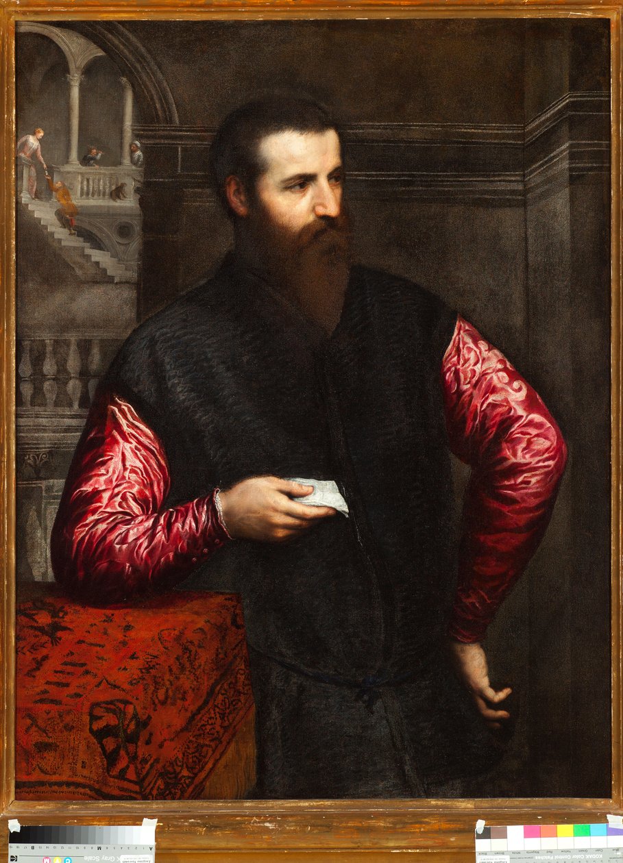 Portræt af en adelsmand med røde ærmer - Maleri af Paris Bordon eller Bordone (1500-1571) Genes Musei di Strada Nuova inv n 43 af Paris Bordone