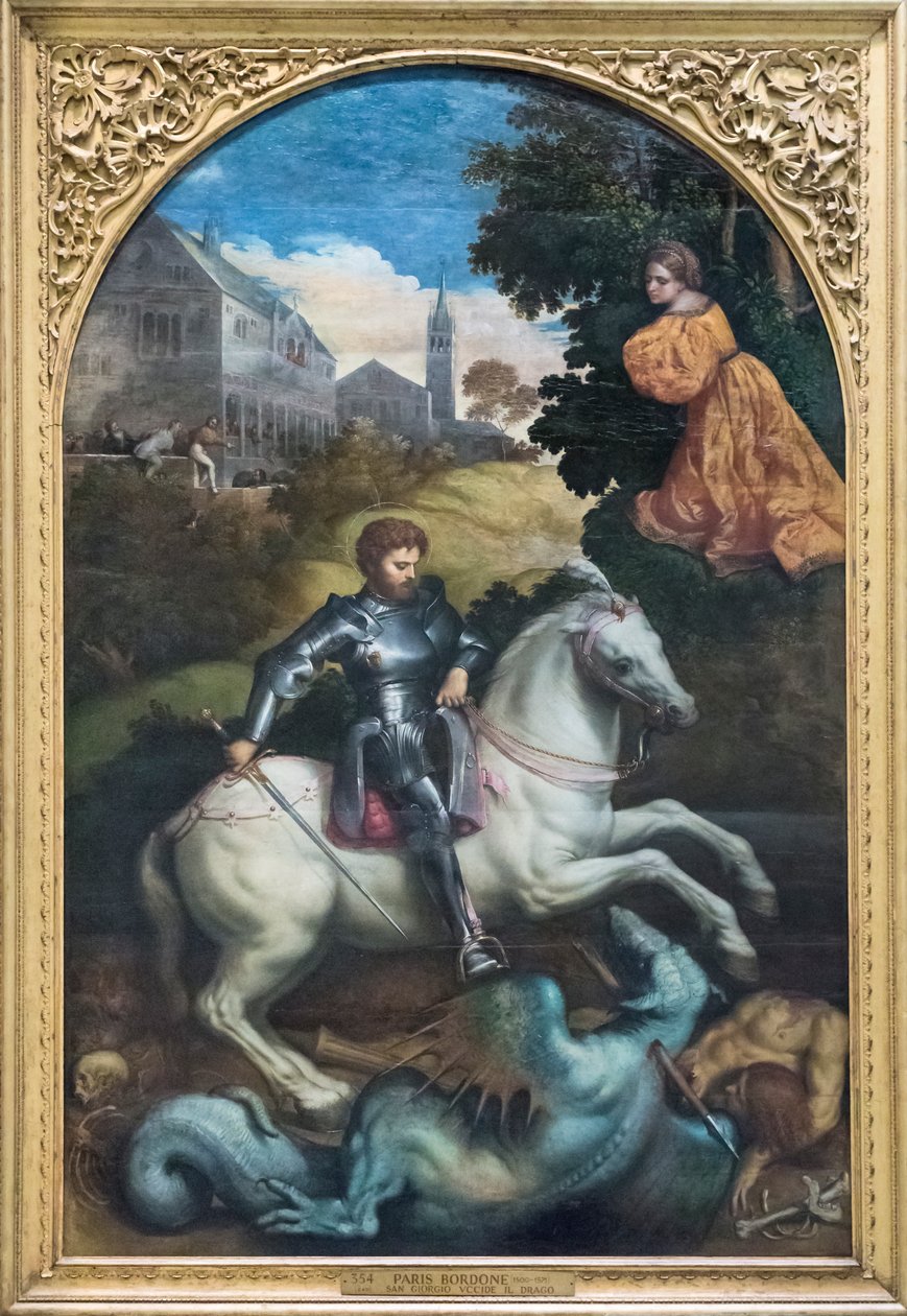 Saint George Killing the Dragon (olie på lærred) af Paris Bordone