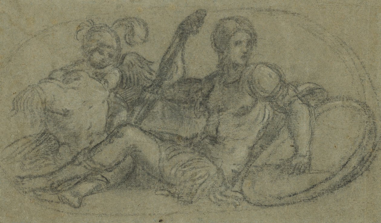 Siddende mandlig figur med putto og rustning af Paris Bordone