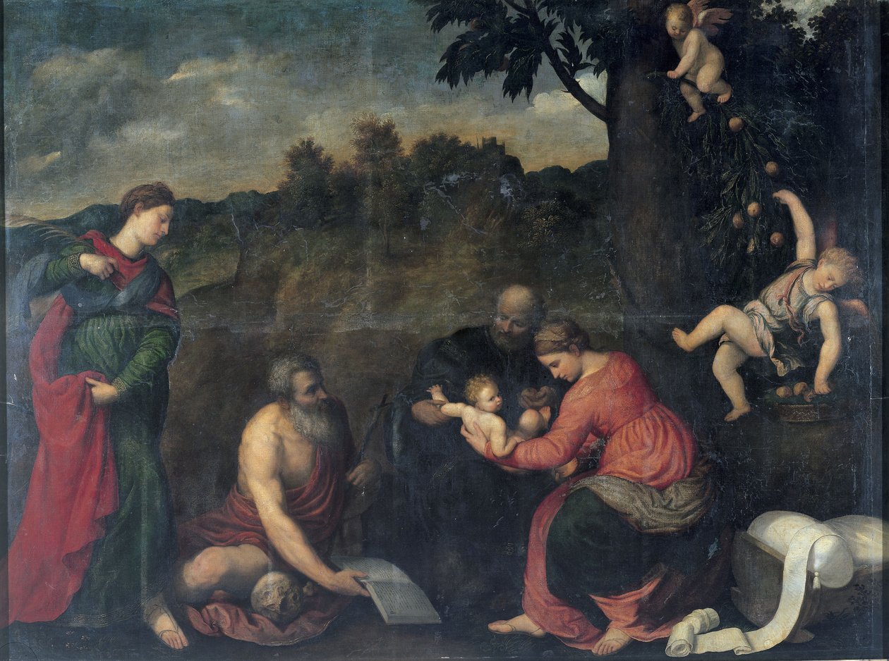 Den hellige familie med de hellige Jerome, Katarina af Alexandria og engle (olie på lærred) af Paris Bordone