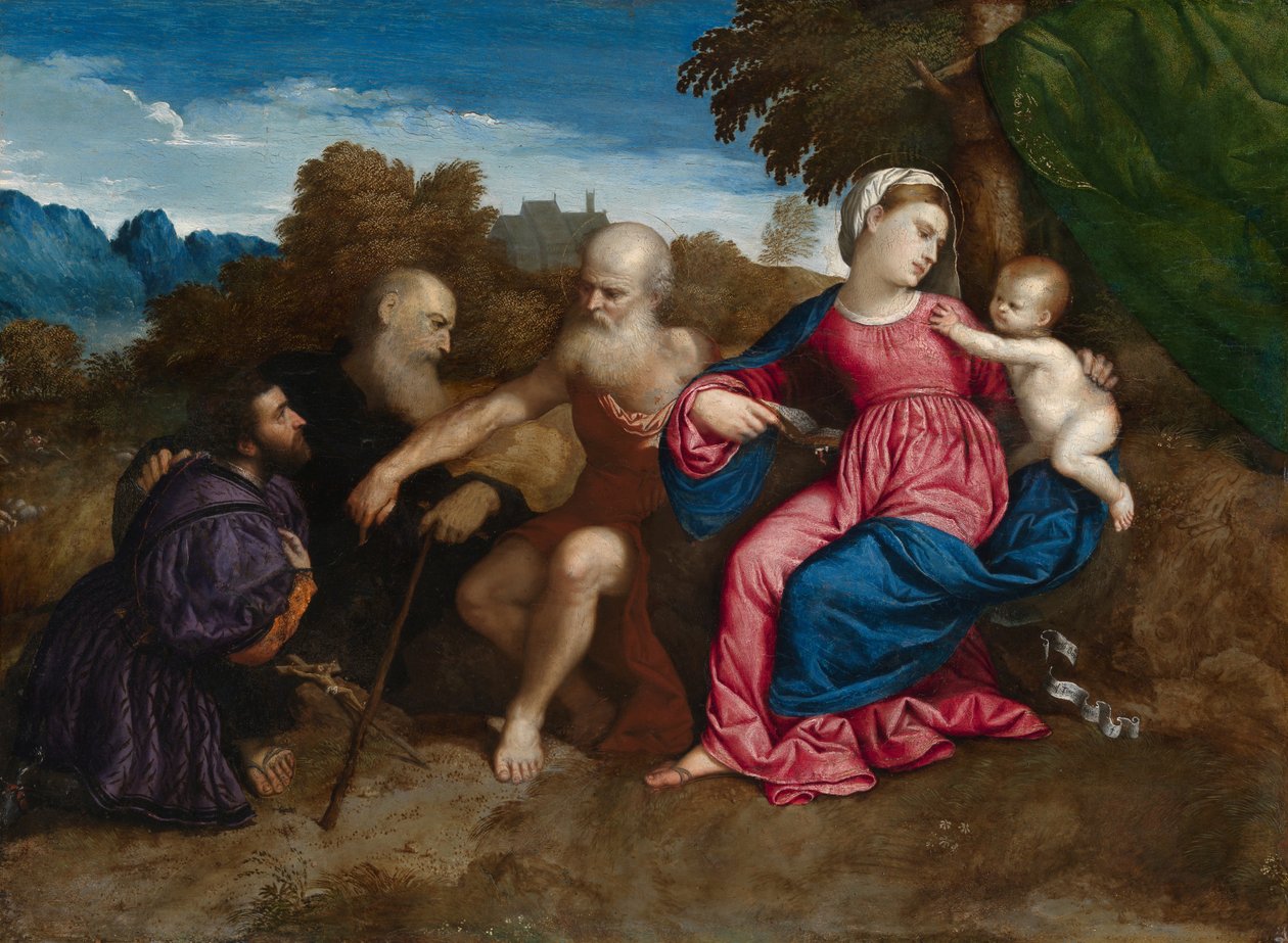 Jomfru Maria og barnet med de hellige Jerome og Anthony Abbed og en donor, ca. 1522 (olie på poppelpanel) af Paris Bordone