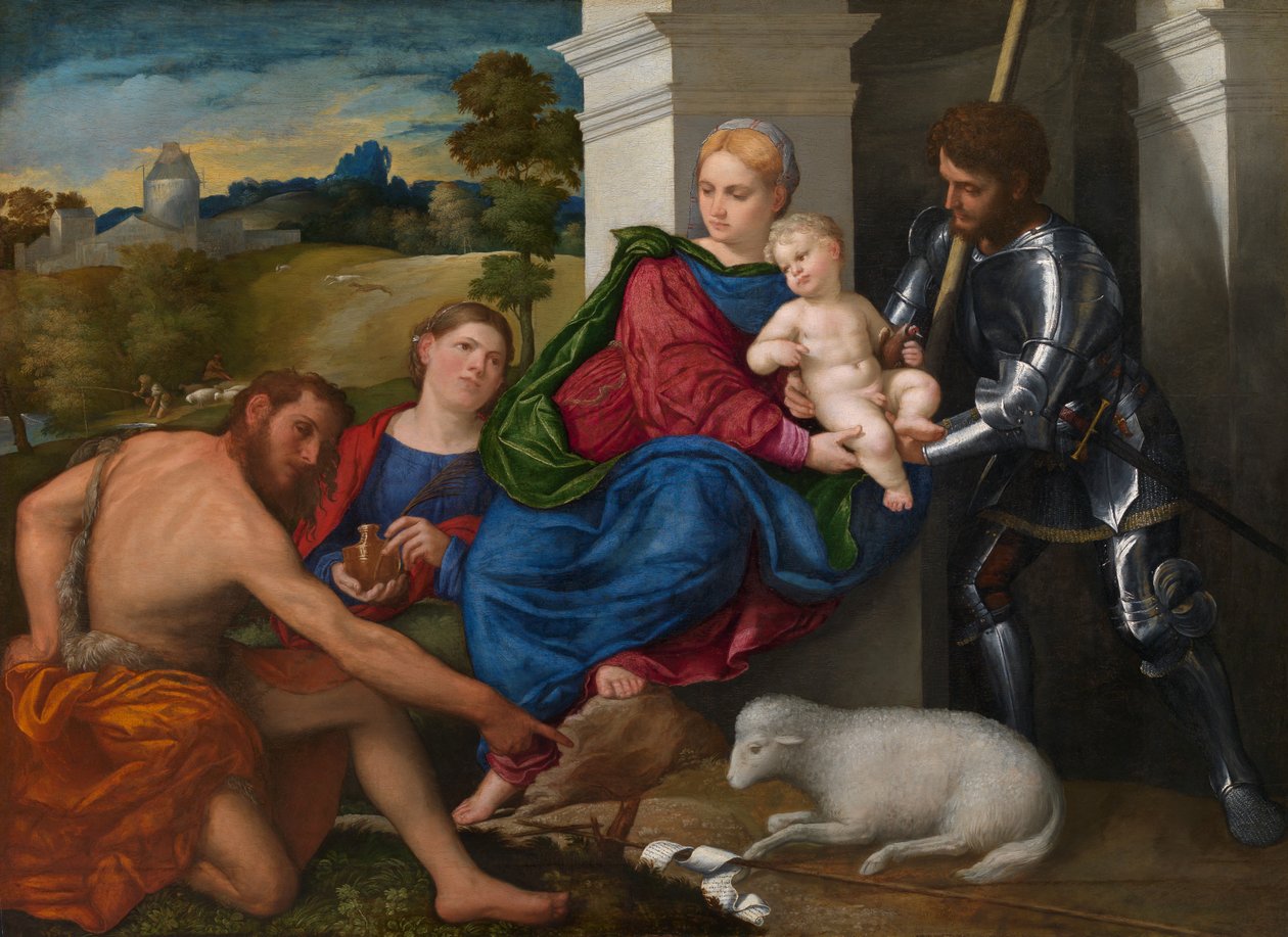 Jomfruen og barnet med de hellige Johannes Døberen, Maria Magdalene og Georg (muligvis), ca. 1524 (olie på panel) af Paris Bordone