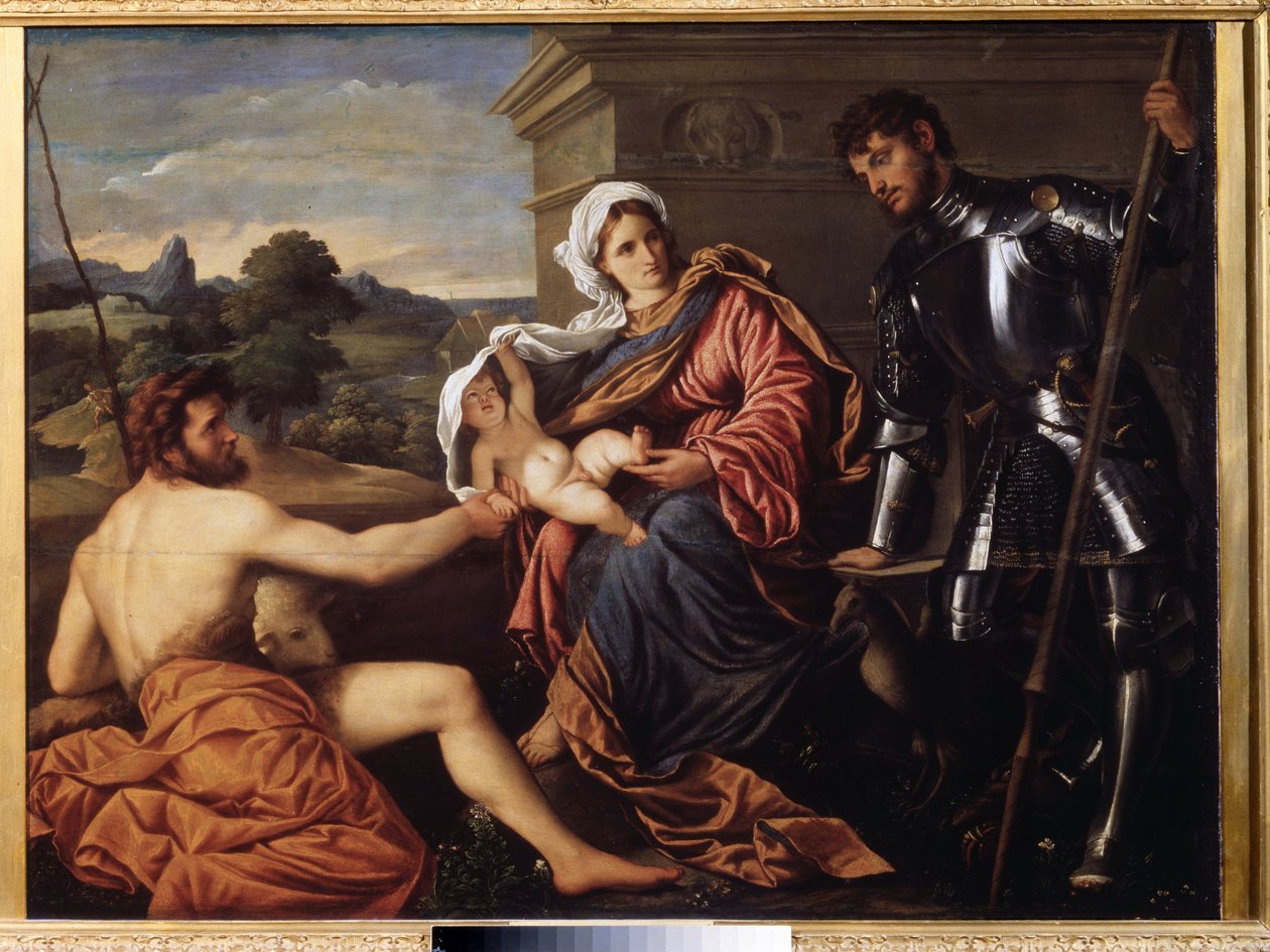 "Madonna and Child, Saint John the Baptist and Saint George" (Madonna and Child, Saint John the Baptist and Saint George) Maleri af Paris Bordon eller Bordone (1500-1571) omkring 1530 Pouchkine Museum, Moskva af Paris Bordone