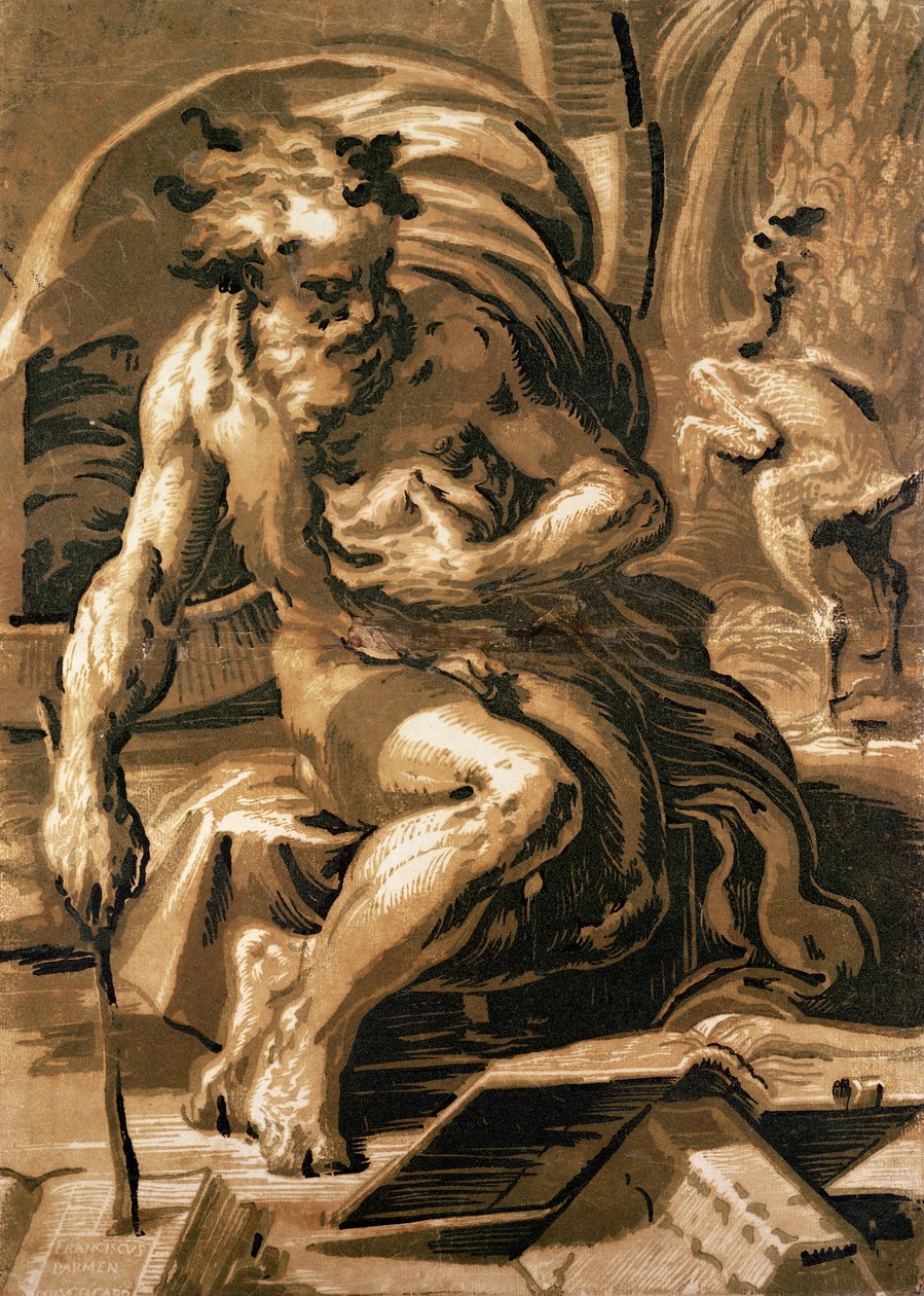 Diogenes, graveret af Ugo da Carpi (147080-1532) (chiaroscuro træsnit) af Parmigianino