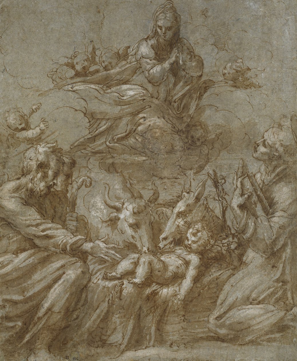 Kristi fødsel (pen og brun blæk, vasket med grå og hævet med hvid bodycolour på blågråt papir) af Parmigianino