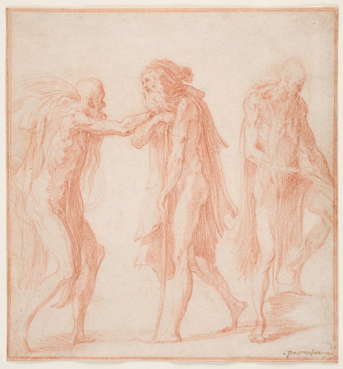 Tre gamle mænd, ca. 1535 (rødt kridt på papir) af Parmigianino