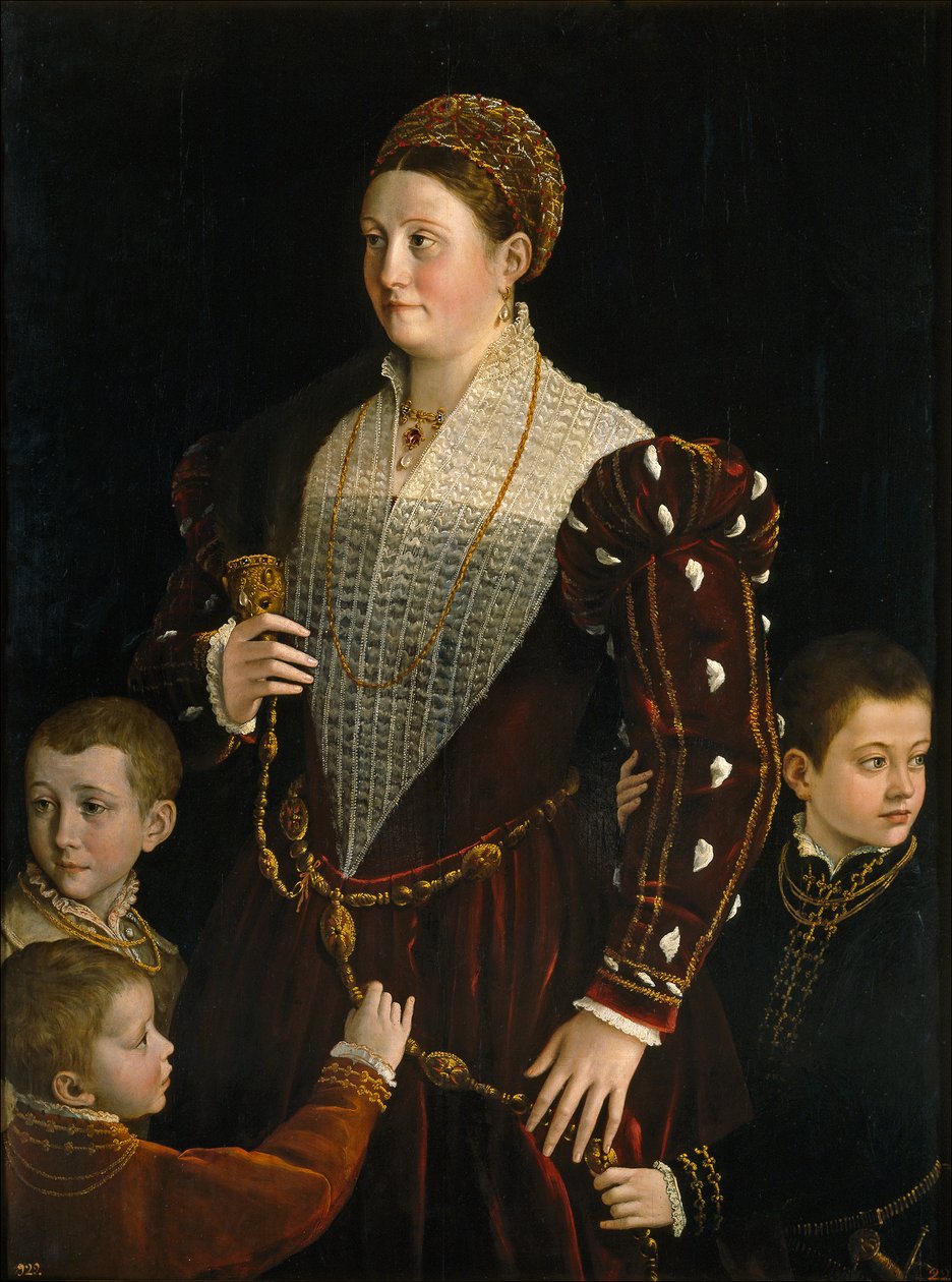 Camilla Gonzaga, Contessa di San Secondo, med tre sønner, ca. 1534 (olie på panel) af Parmigianino