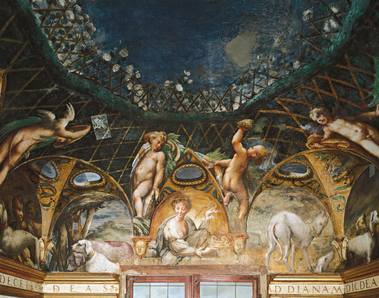 Ceres deltager i begivenheder omgivet af jagthunde og keruber fra Myth of Diana og Actaeon af Parmigianino