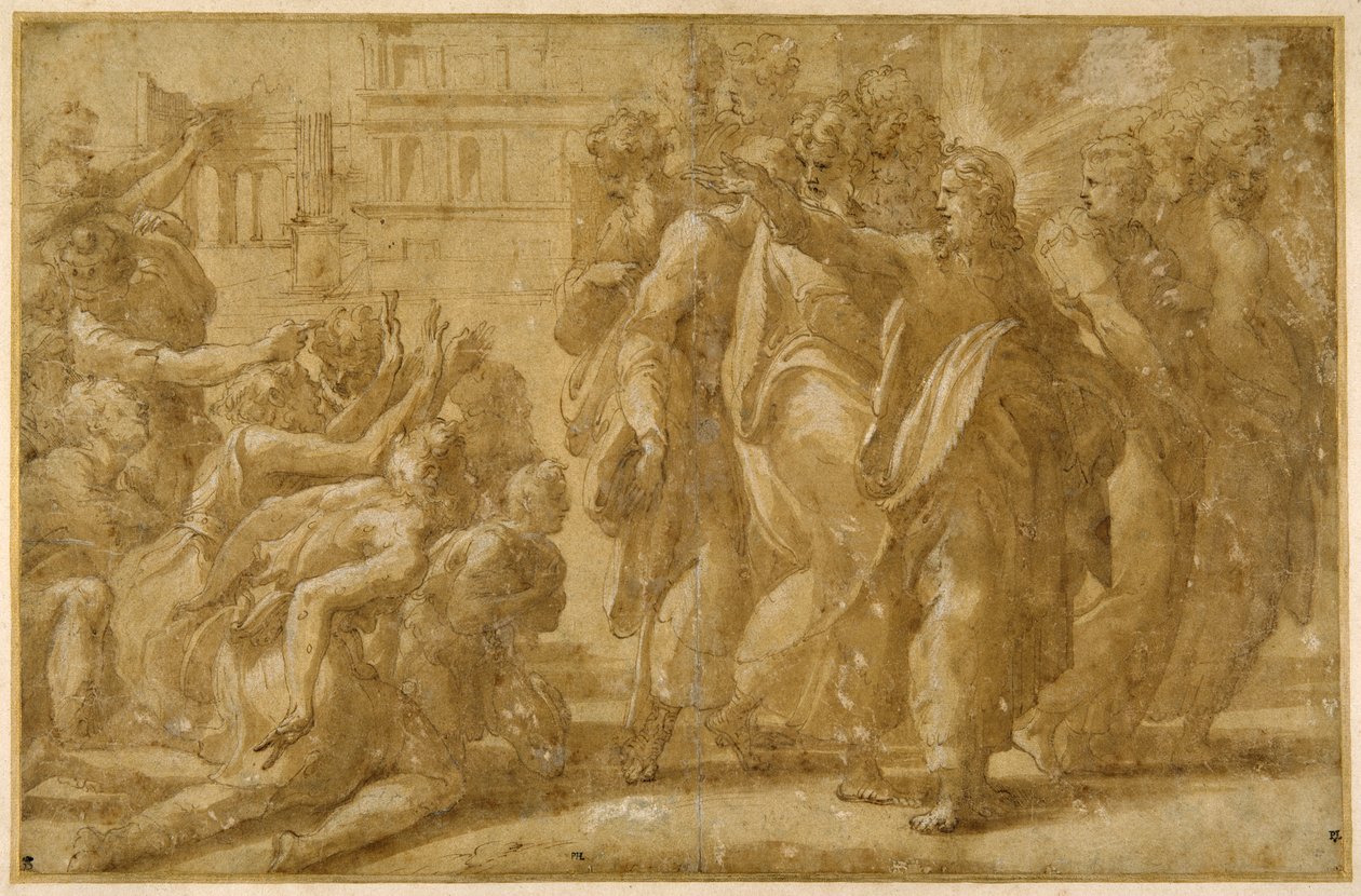 Kristus med sine disciple helbreder spedalske (pen, blæk, vask og kropsfarve på papir) af Parmigianino (1503 40)